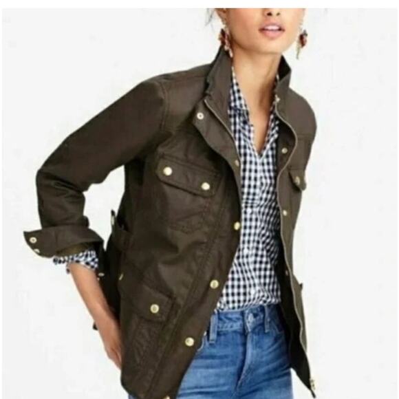 J Crew Downtown field jacket waxed cotton small Military pockets gold buttons - Picture 2 of 10
